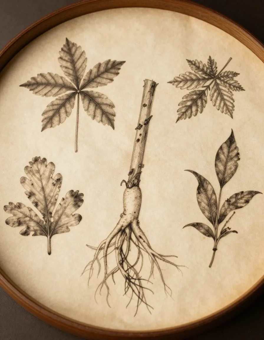 Engraved botanical illustration of tropical plant roots and leaves